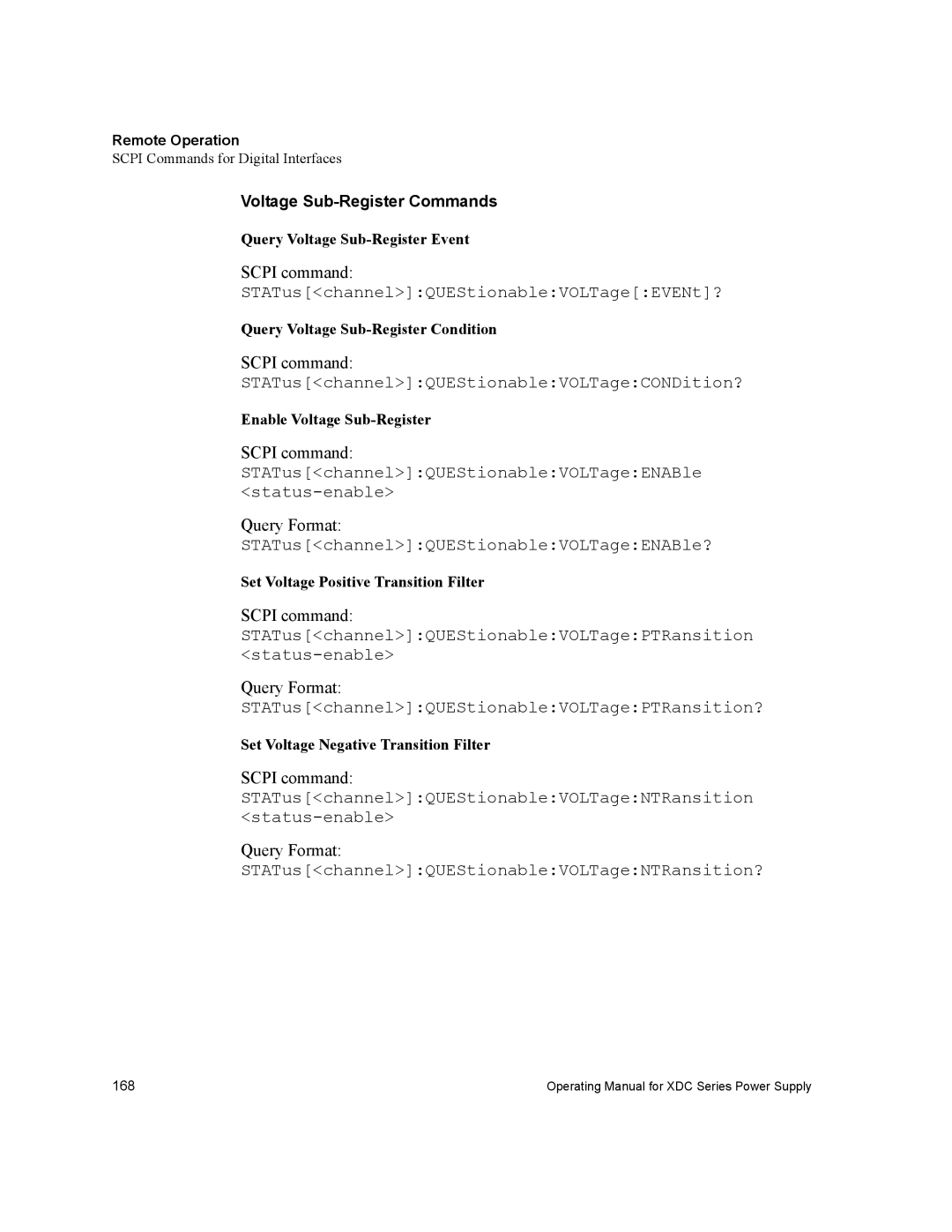 Xantrex Technology XDC manual STATuschannelQUEStionableVOLTageCONDition?, Voltage Sub-Register Commands 