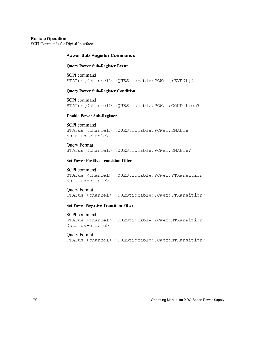 Xantrex Technology XDC manual STATuschannelQUEStionablePOWerENABle?, Power Sub-Register Commands 