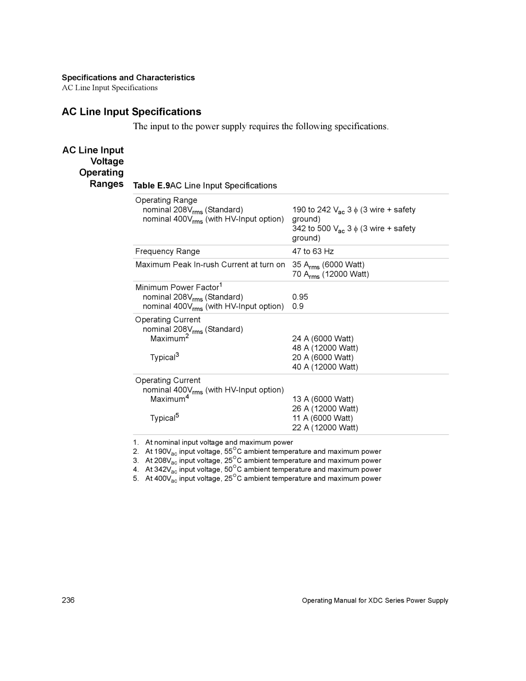 Xantrex Technology XDC manual AC Line Input Specifications, AC Line Input Voltage Operating Ranges, Arms 6000 Watt 