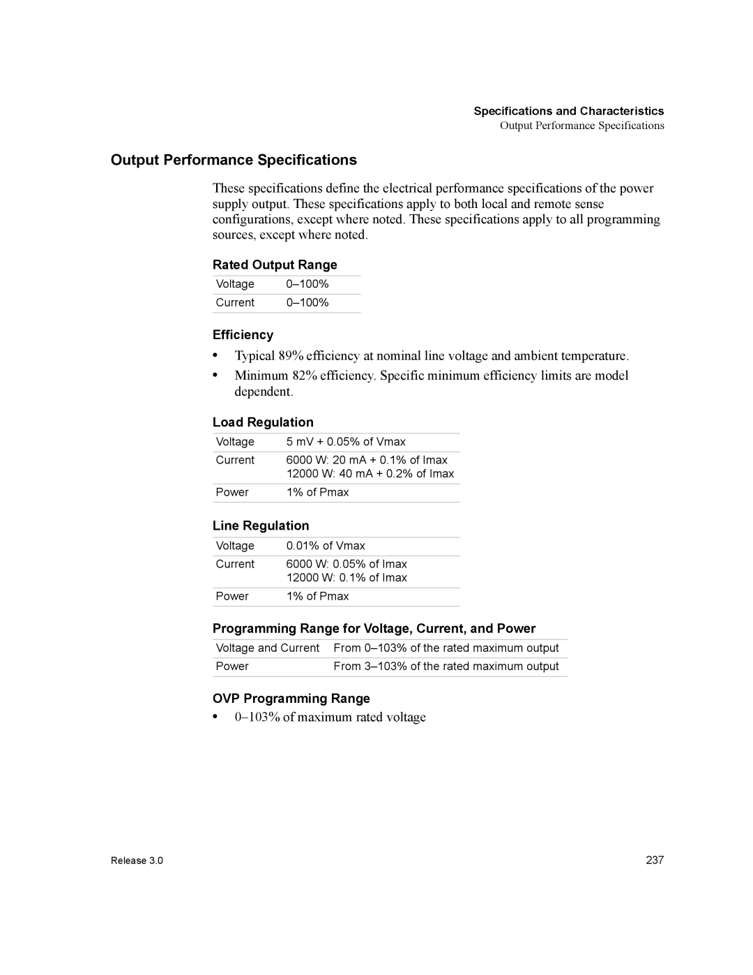 Xantrex Technology XDC manual Output Performance Specifications, 103% of maximum rated voltage 