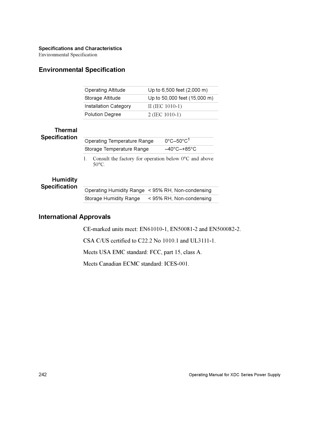 Xantrex Technology XDC manual Environmental Specification, International Approvals, Thermal, Humidity Specification 