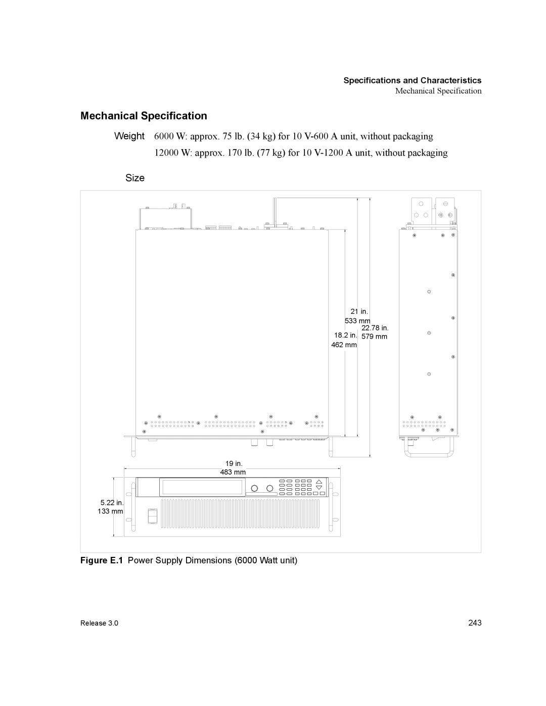 Xantrex Technology XDC manual Mechanical Specification, Figure E.1 Power Supply Dimensions 6000 Watt unit 