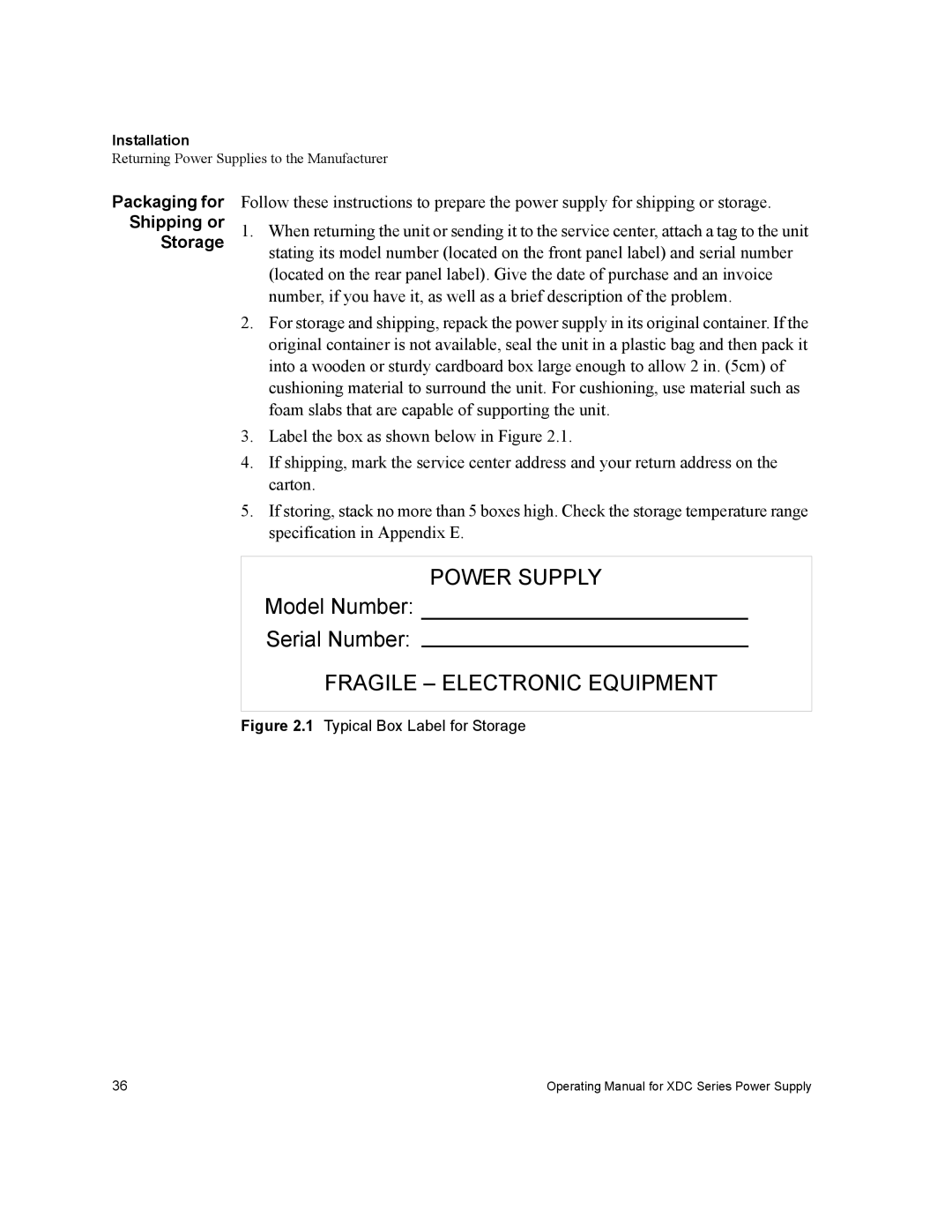 Xantrex Technology XDC manual Packaging for Shipping or Storage, Typical Box Label for Storage 