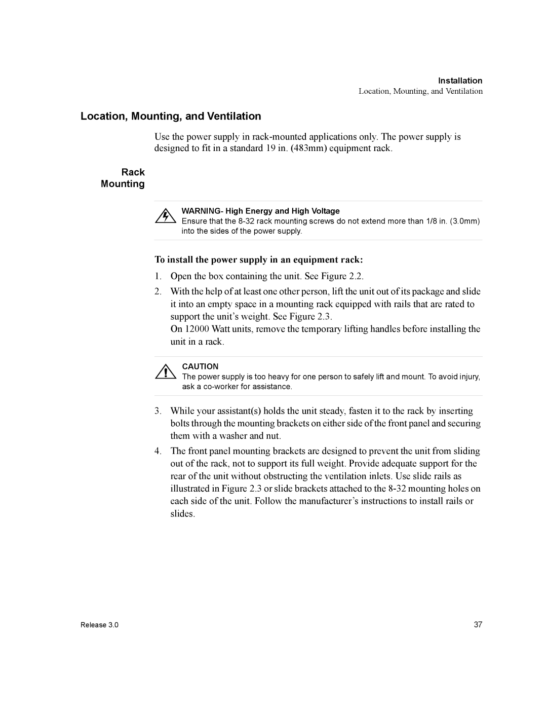 Xantrex Technology XDC manual Location, Mounting, and Ventilation, Rack Mounting 