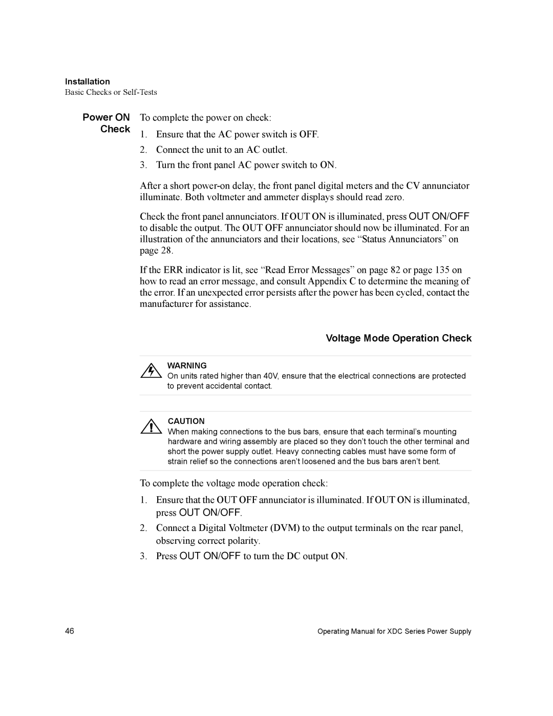 Xantrex Technology XDC manual Voltage Mode Operation Check, Power on Check 