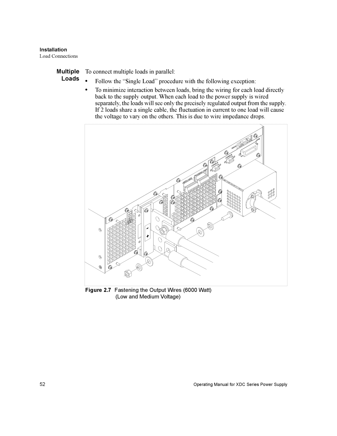 Xantrex Technology XDC manual Multiple Loads, Fastening the Output Wires 6000 Watt Low and Medium Voltage 