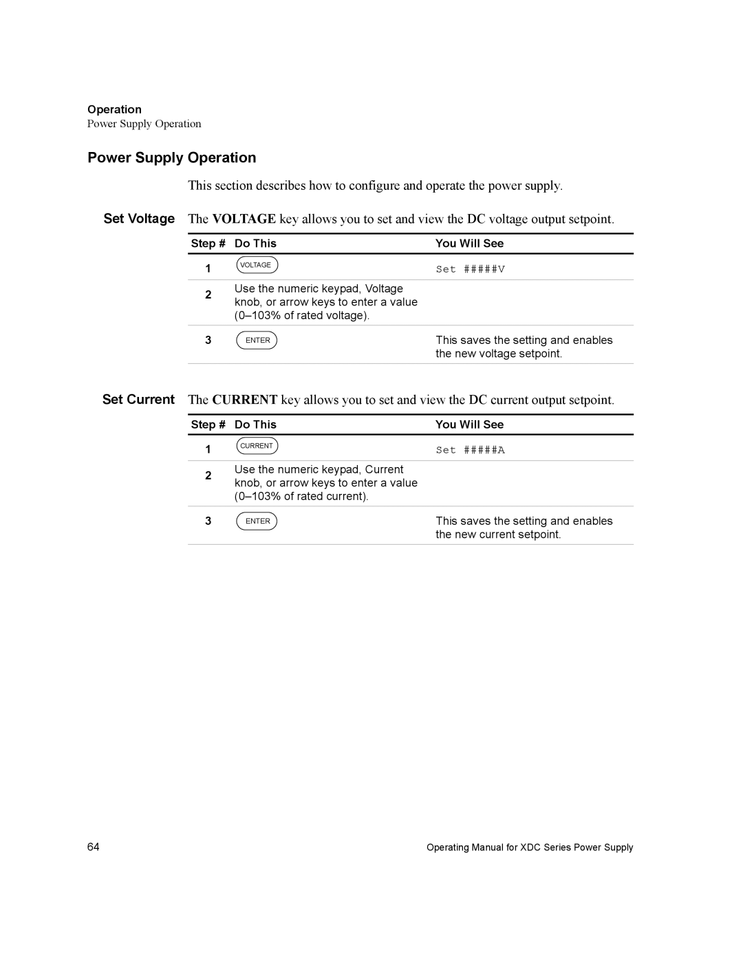 Xantrex Technology XDC manual Power Supply Operation, Step # Do This You Will See, This saves the setting and enables 