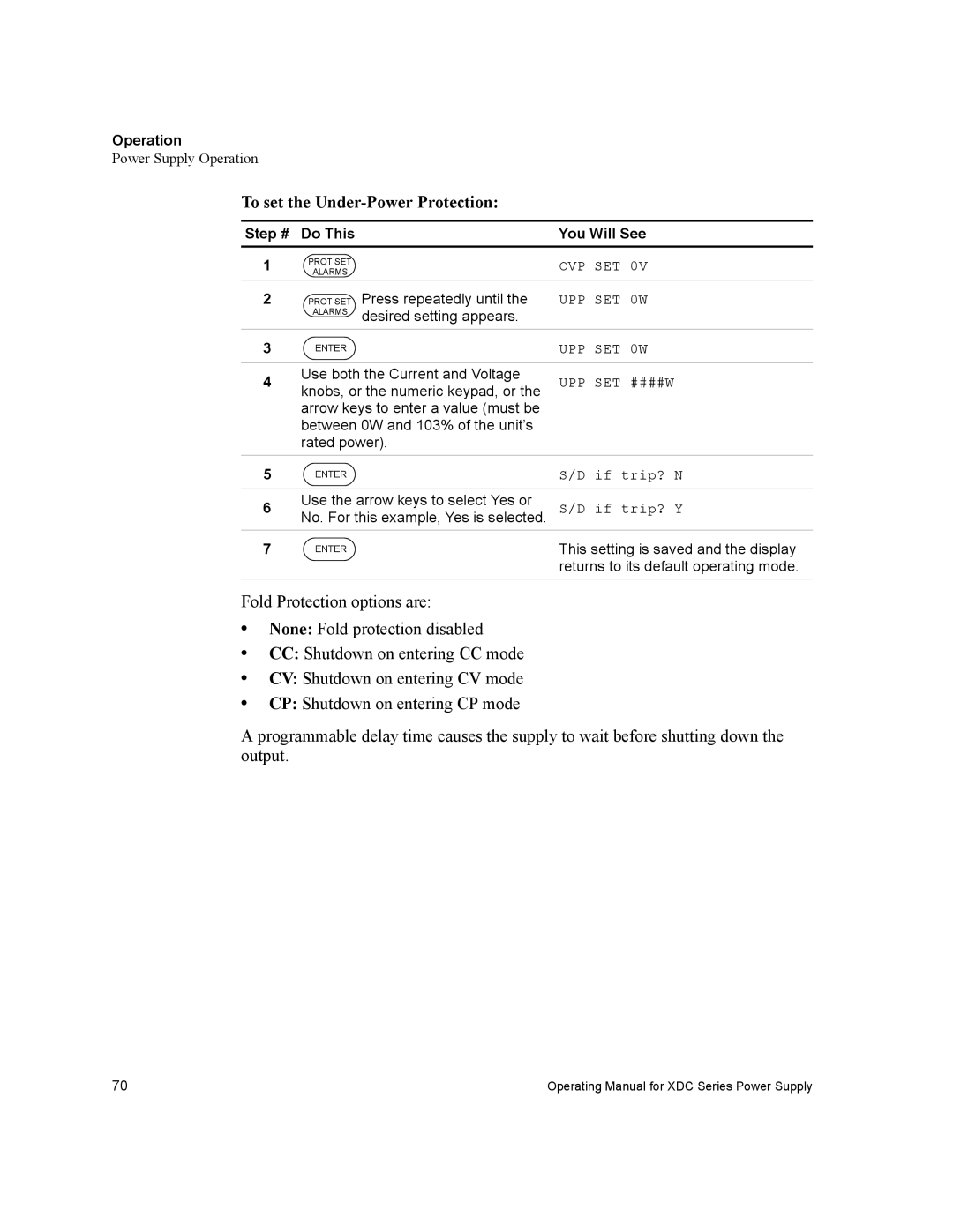 Xantrex Technology XDC manual To set the Under-Power Protection, Upp Set ####W 