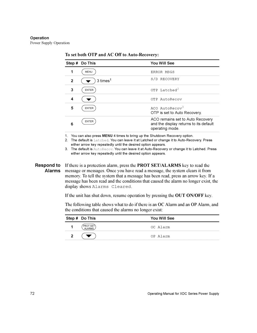 Xantrex Technology XDC To set both OTP and AC Off to Auto-Recovery, Times, ACO AutoRecov3, OTP is set to Auto Recovery 