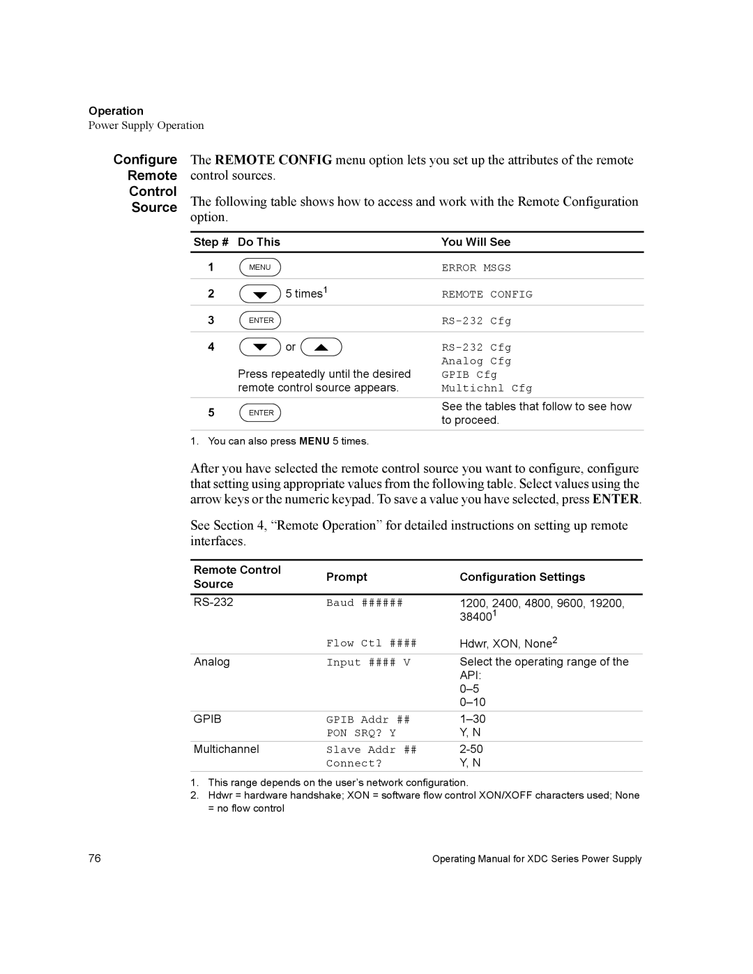 Xantrex Technology XDC manual Configure Remote Control Source, Remote Control Prompt Configuration Settings Source 