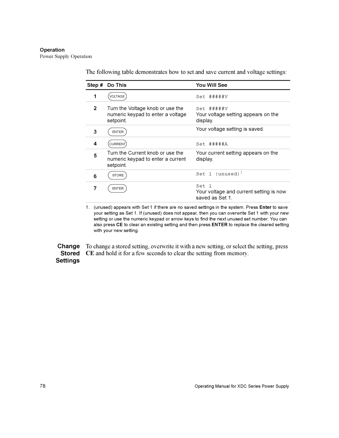 Xantrex Technology XDC manual Settings, Set #####V, Set #####A, Set 1 unused 