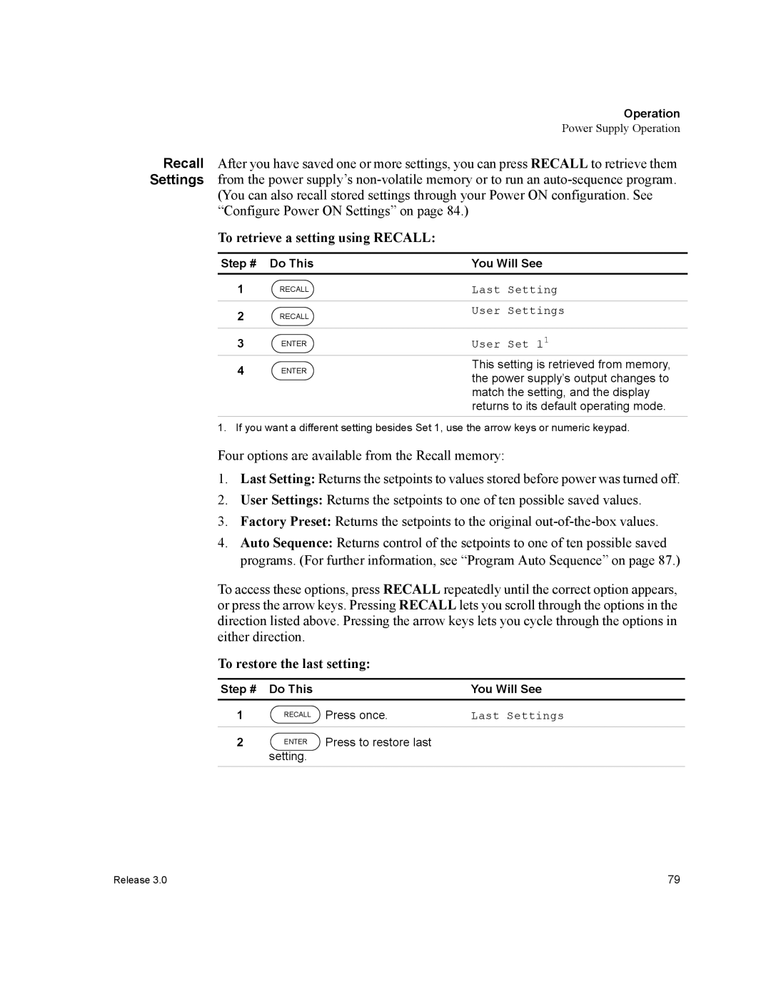 Xantrex Technology XDC manual To retrieve a setting using Recall, To restore the last setting 