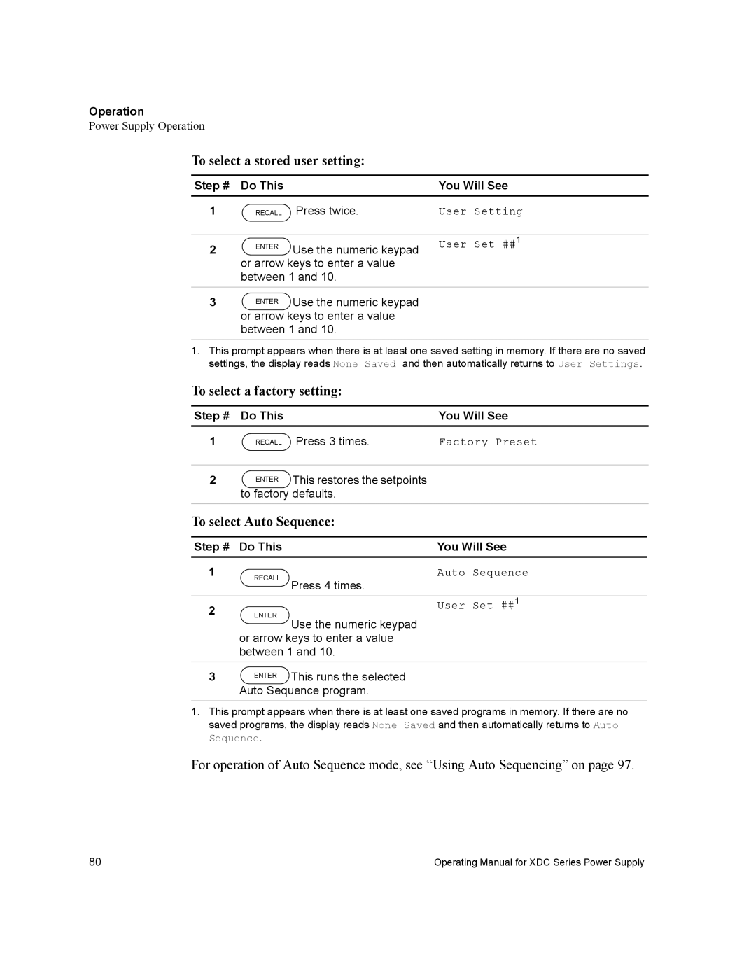 Xantrex Technology XDC manual To select a stored user setting, To select a factory setting, To select Auto Sequence 