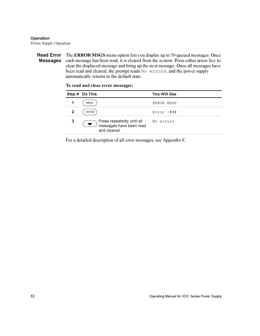 Xantrex Technology XDC manual To read and clear error messages, Press repeatedly until all, Messages have been read Cleared 