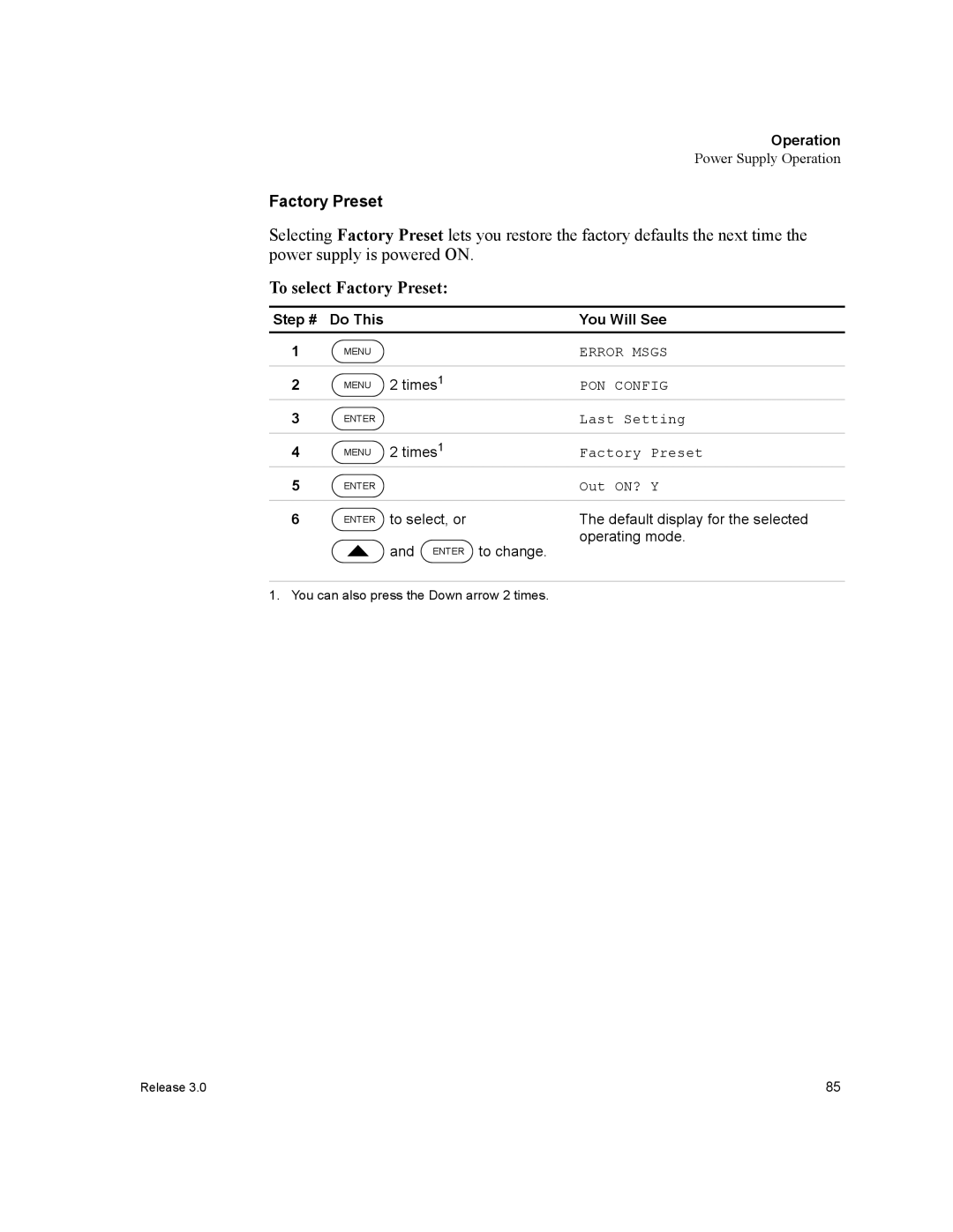 Xantrex Technology XDC To select Factory Preset, Enter to select, or Default display for the selected, Operating mode 