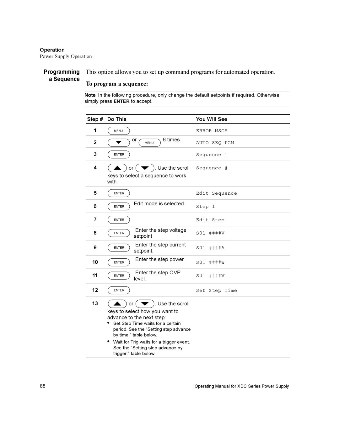 Xantrex Technology XDC manual Sequence To program a sequence 