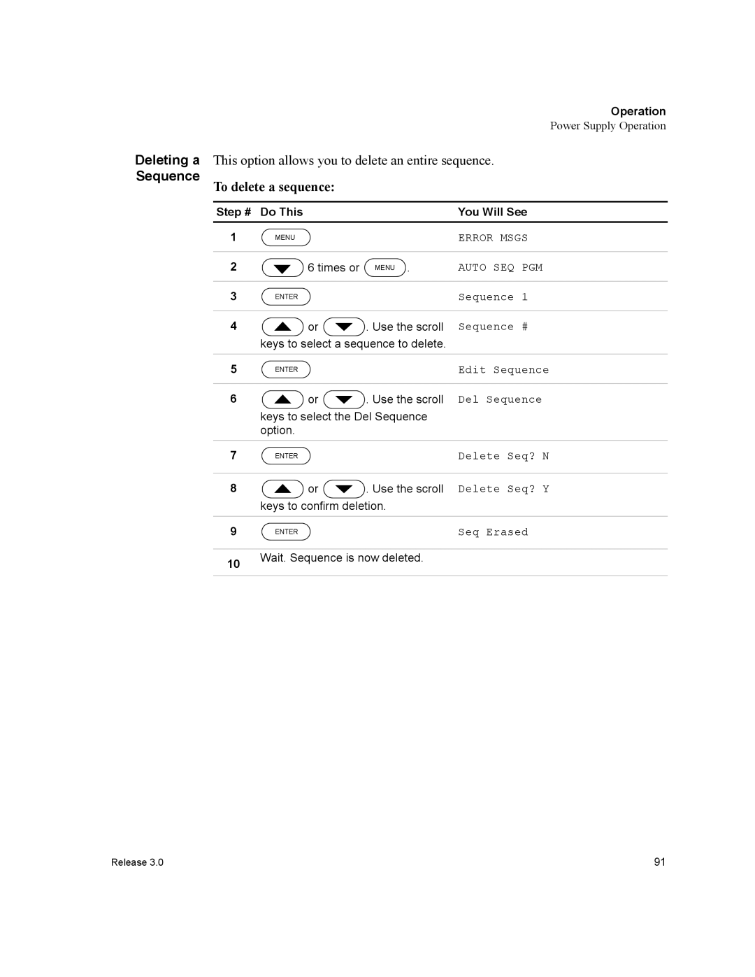 Xantrex Technology XDC This option allows you to delete an entire sequence, To delete a sequence, Deleting a, Sequence 