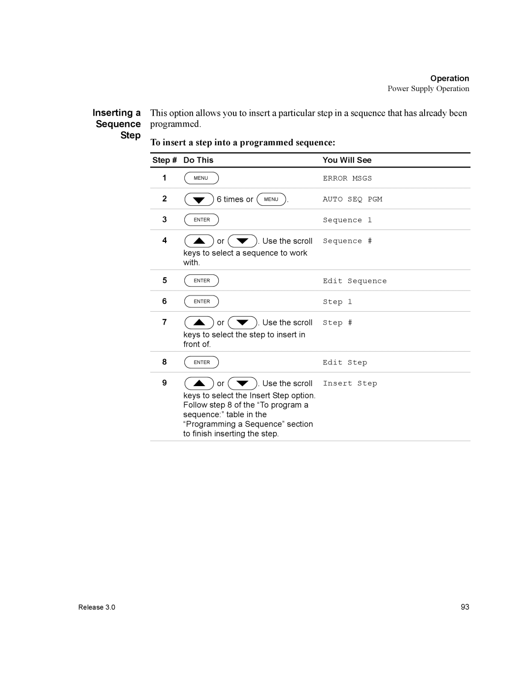 Xantrex Technology XDC manual Inserting a Sequence Step, To insert a step into a programmed sequence, Step #, Insert Step 