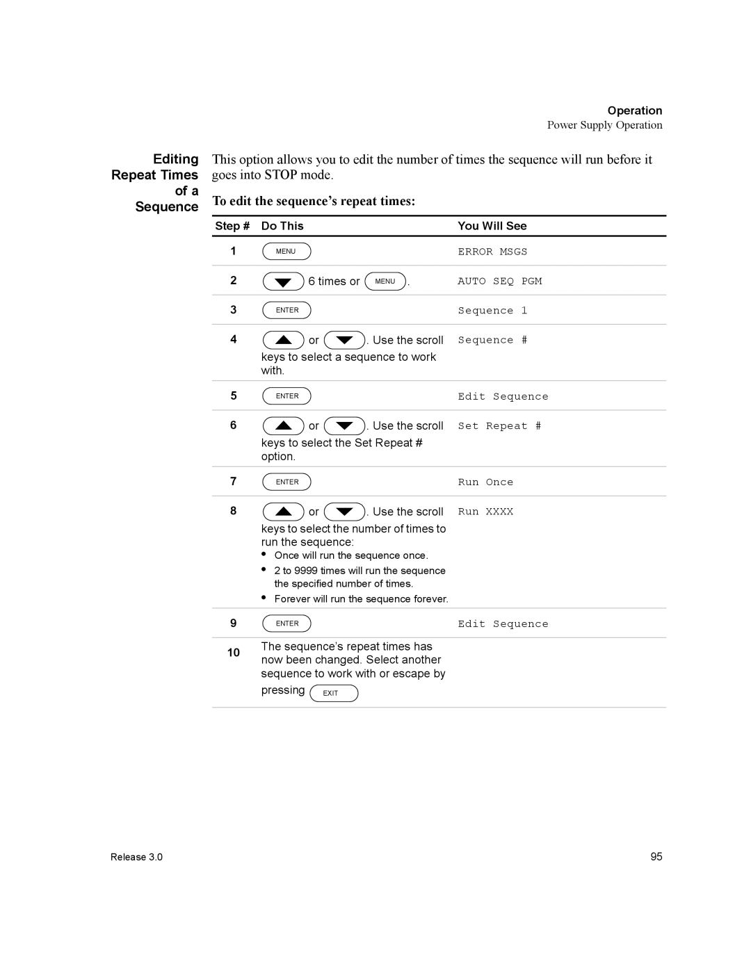 Xantrex Technology XDC manual Editing Repeat Times Sequence, To edit the sequence’s repeat times, Set Repeat #, Run Once 