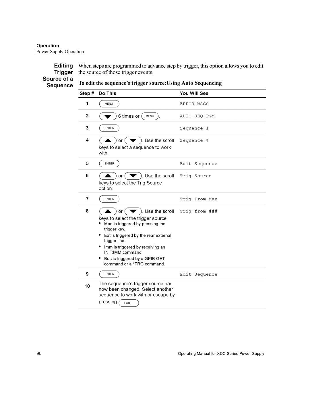 Xantrex Technology XDC Editing Trigger Source of a Sequence, To edit the sequence’s trigger sourceUsing Auto Sequencing 