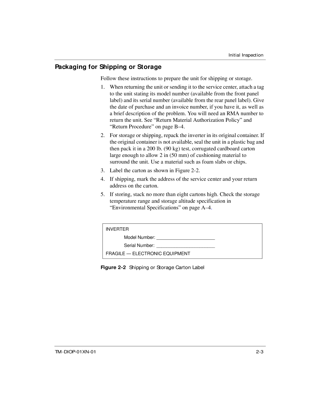 Xantrex Technology XDI2048 manual Packaging for Shipping or Storage, 2Shipping or Storage Carton Label 