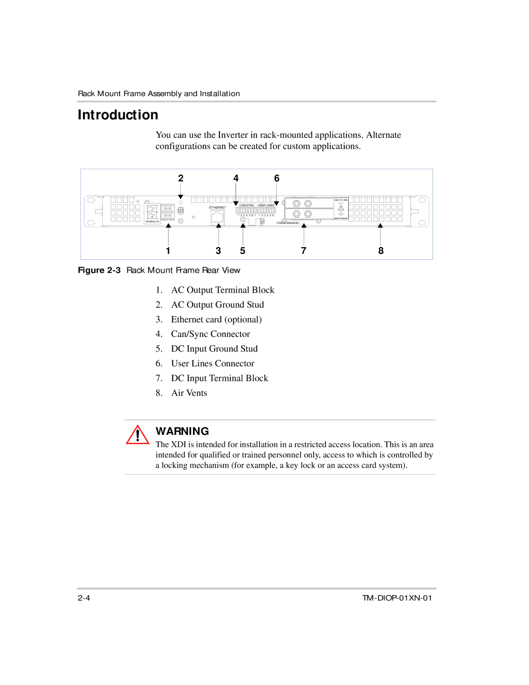 Xantrex Technology XDI2048 manual Introduction, Rack Mount Frame Rear View 