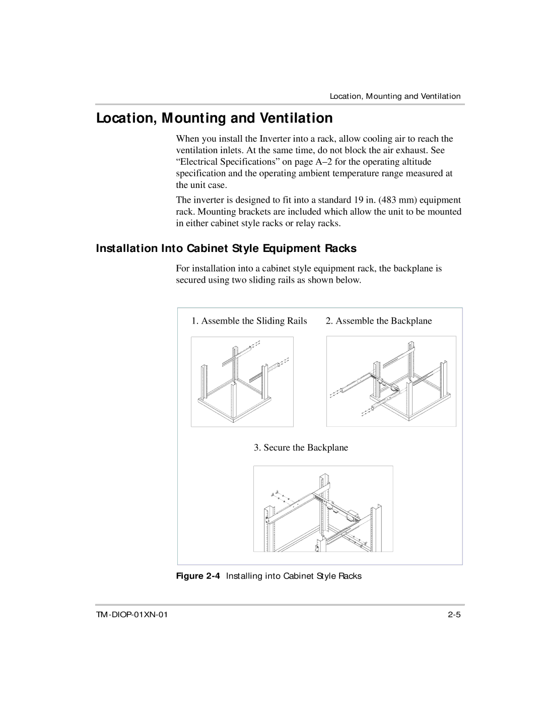 Xantrex Technology XDI2048 manual Location, Mounting and Ventilation, Installation Into Cabinet Style Equipment Racks 