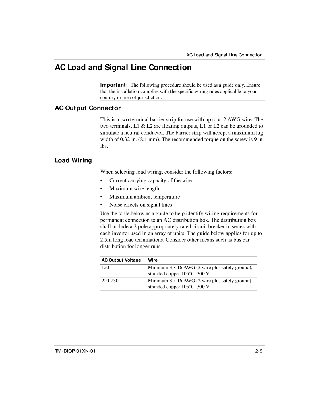 Xantrex Technology XDI2048 AC Load and Signal Line Connection, AC Output Connector, Load Wiring, AC Output Voltage Wire 