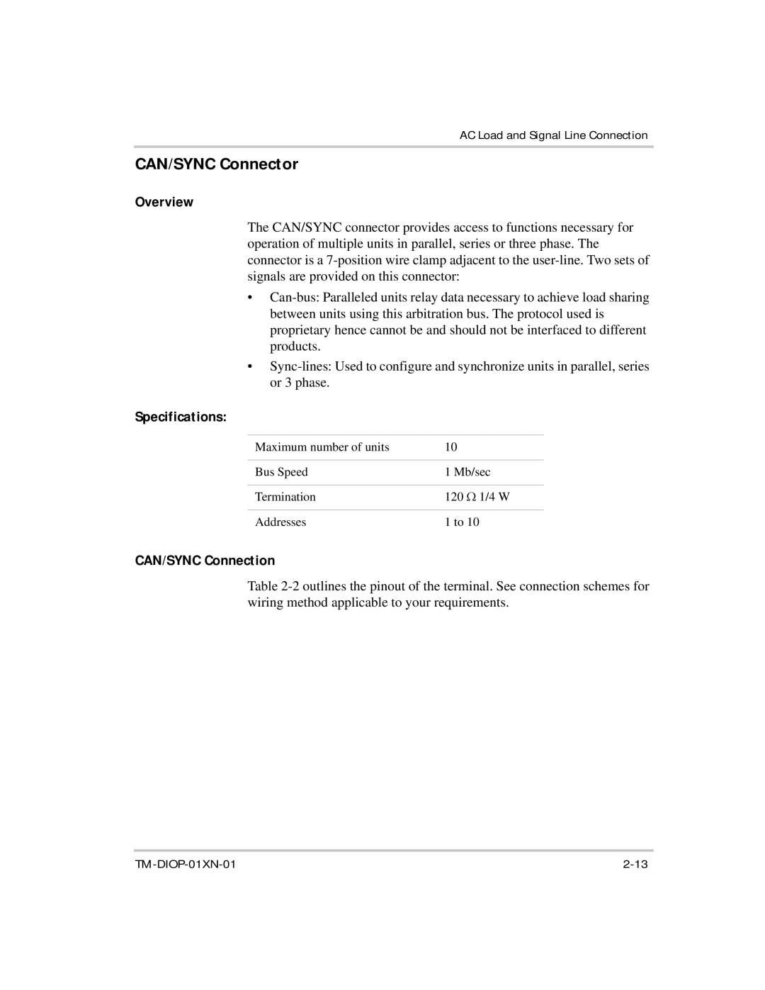 Xantrex Technology XDI2048 manual CAN/SYNC Connector, Specifications, CAN/SYNC Connection 