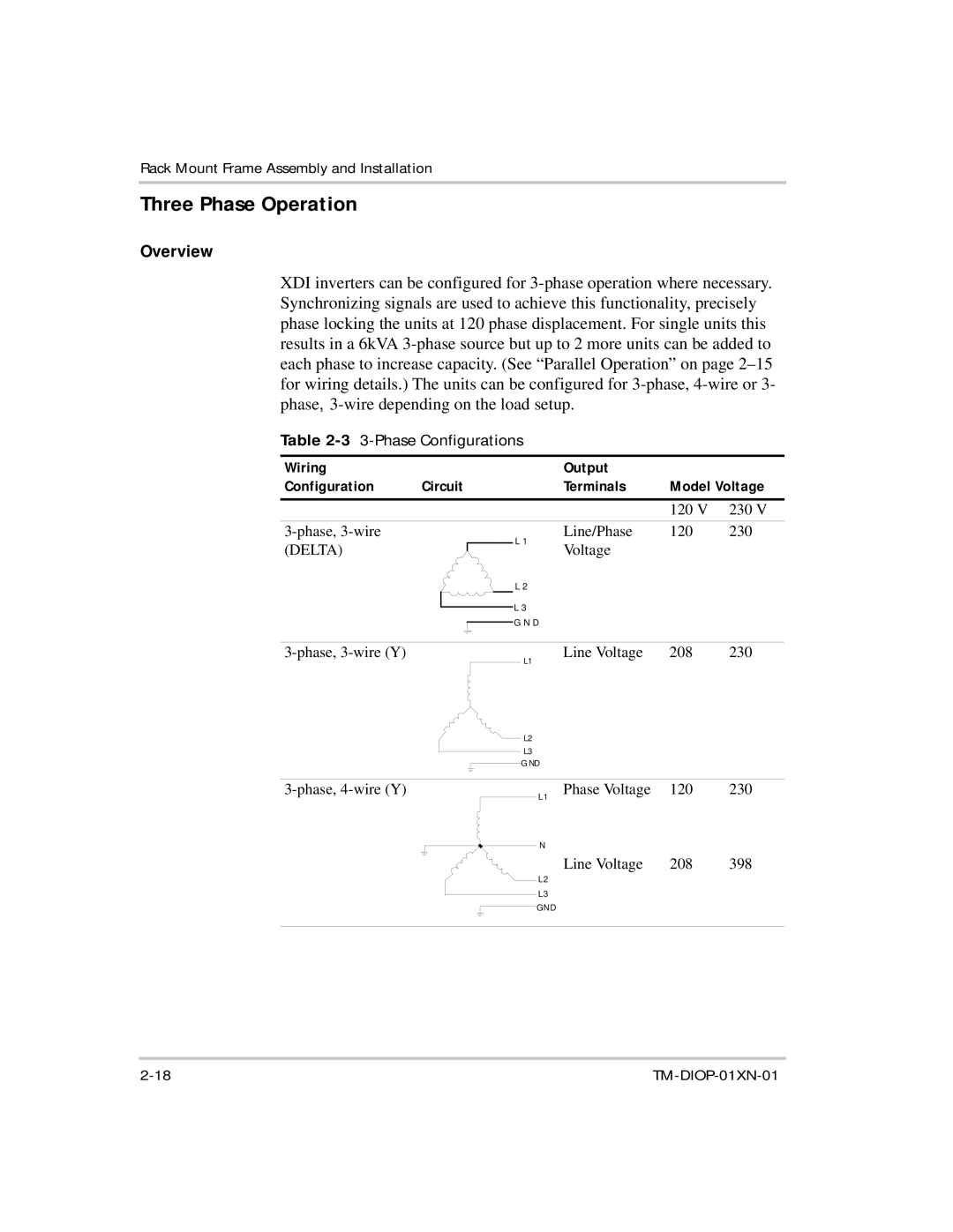 Xantrex Technology XDI2048 manual Three Phase Operation, Phase Configurations, Wiring Output Configuration 