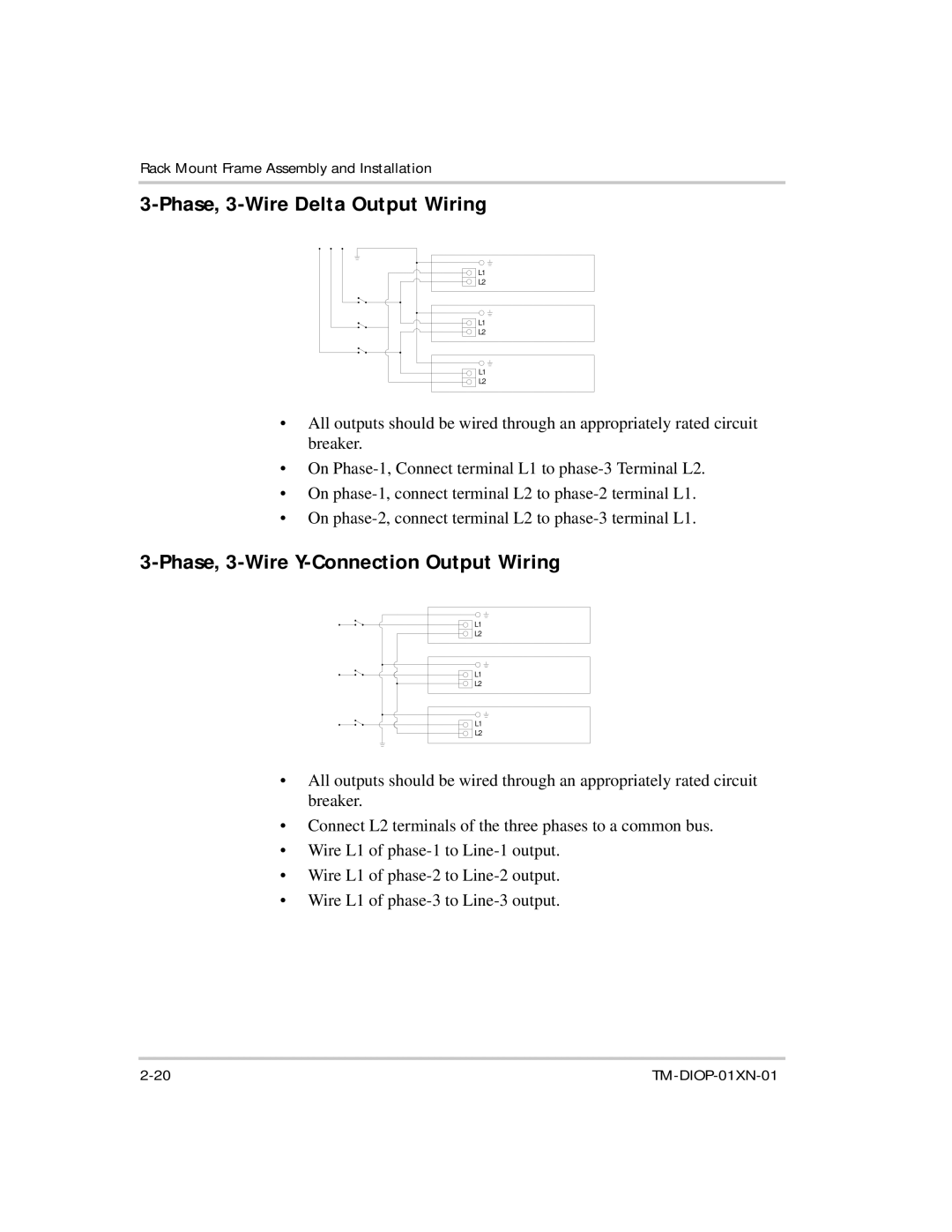 Xantrex Technology XDI2048 manual Phase, 3-Wire Delta Output Wiring, Phase, 3-Wire Y-Connection Output Wiring 