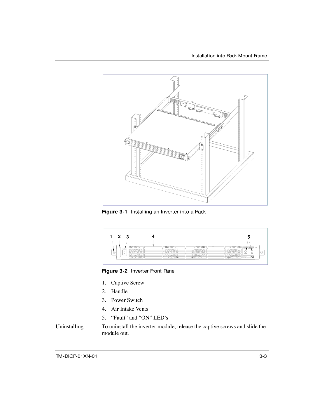 Xantrex Technology XDI2048 manual 2Inverter Front Panel, Installing an Inverter into a Rack 