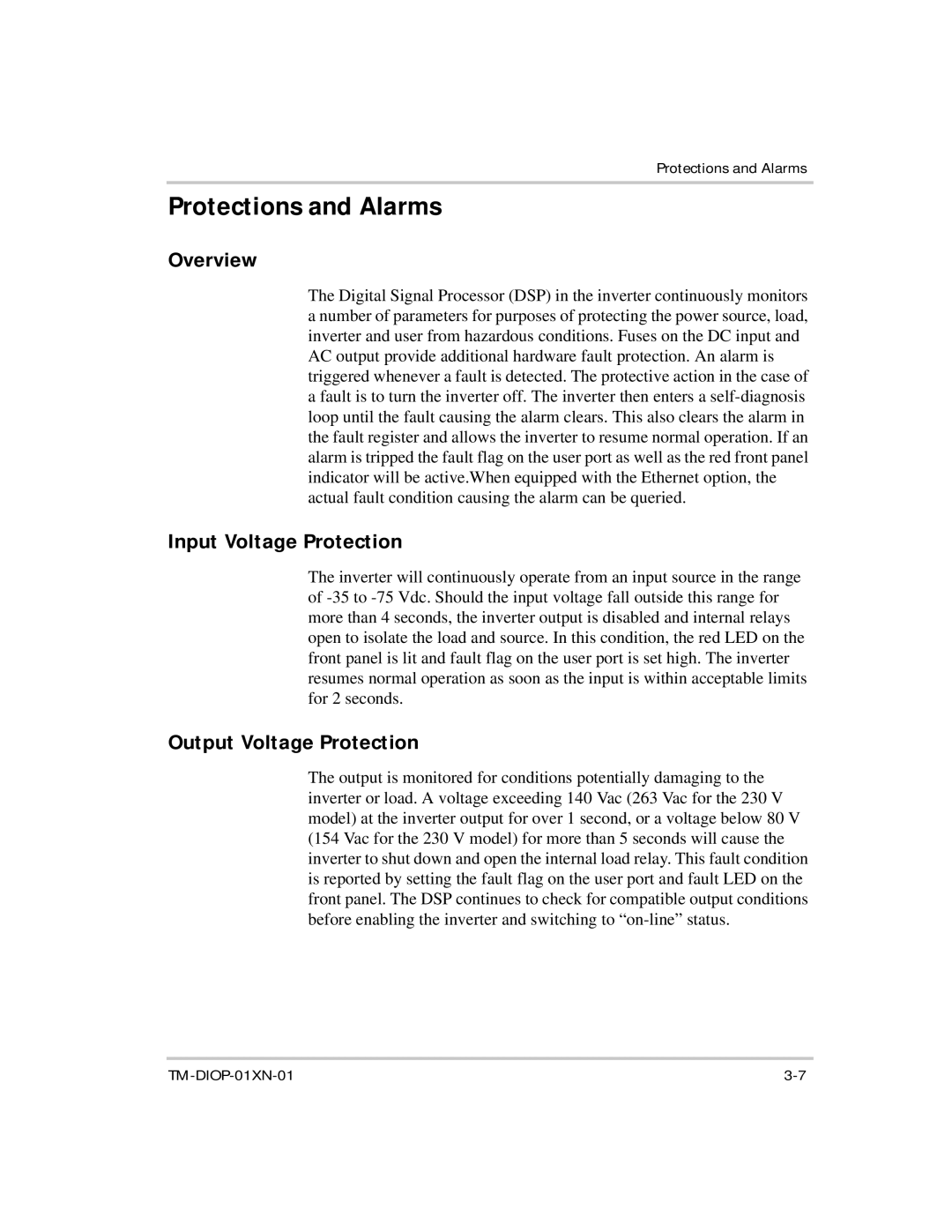 Xantrex Technology XDI2048 manual Protections and Alarms, Overview, Input Voltage Protection, Output Voltage Protection 