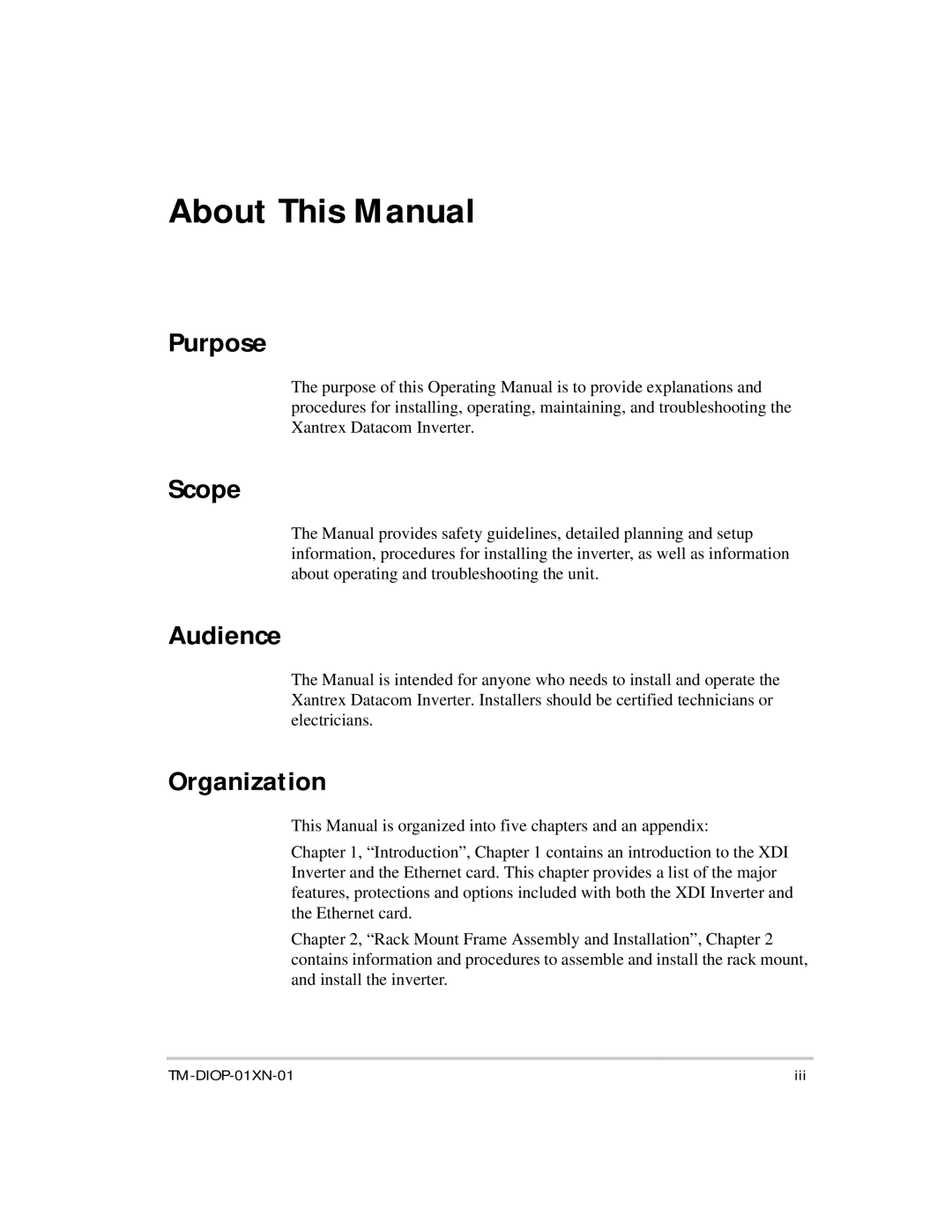 Xantrex Technology XDI2048 manual Purpose, Scope, Audience, Organization 