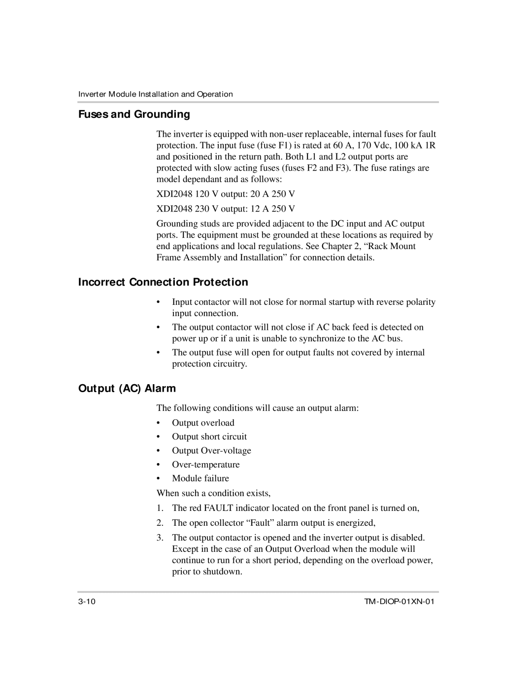 Xantrex Technology XDI2048 manual Fuses and Grounding, Incorrect Connection Protection, Output AC Alarm 