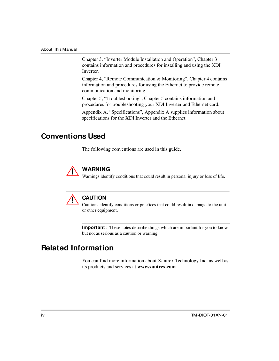 Xantrex Technology XDI2048 manual Conventions Used, Related Information 