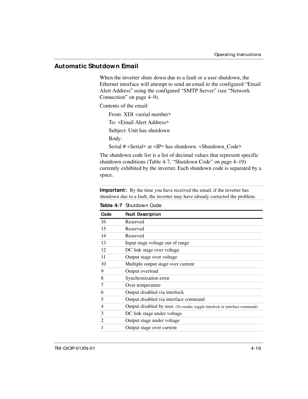 Xantrex Technology XDI2048 manual Automatic Shutdown Email, Shutdown Code, Code Fault Description 