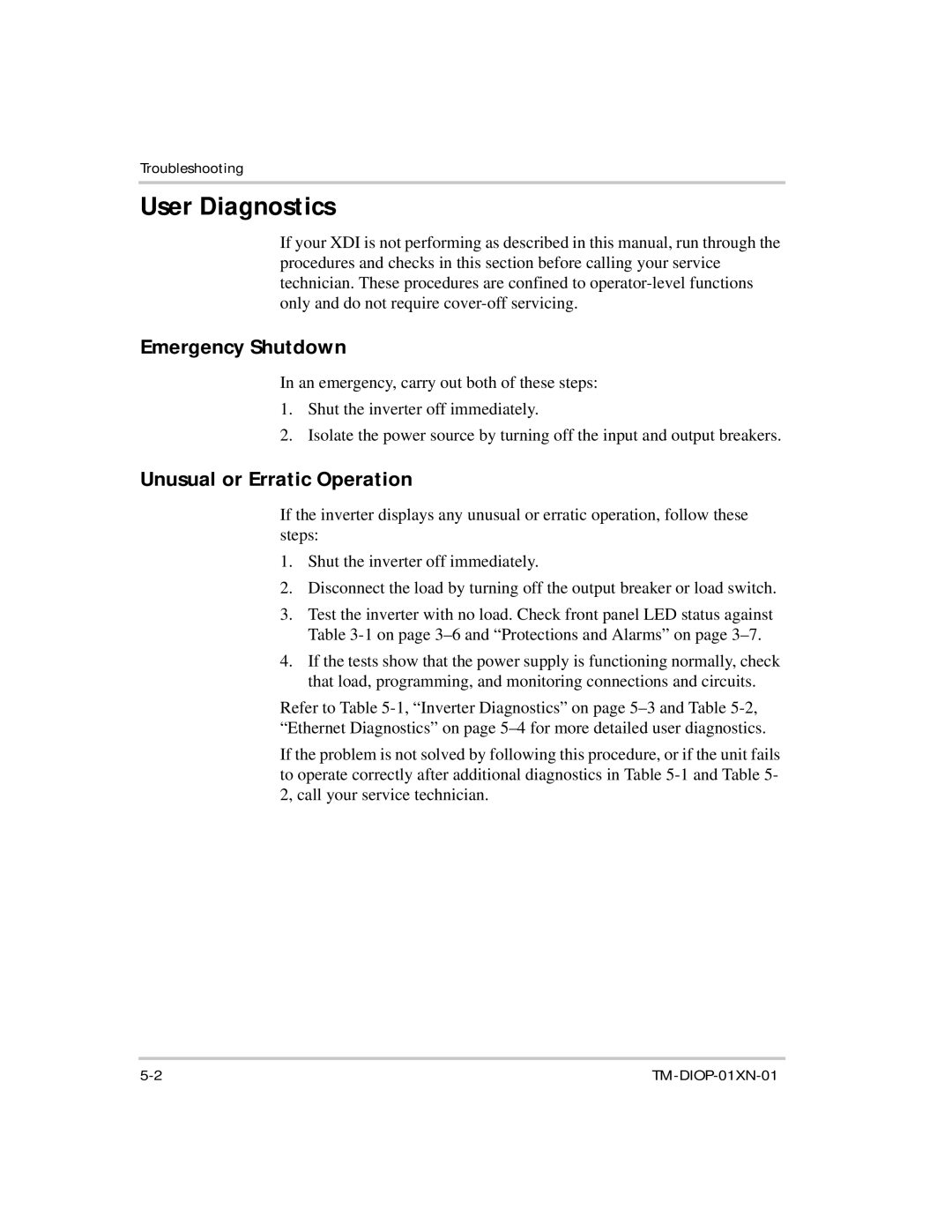 Xantrex Technology XDI2048 manual User Diagnostics, Emergency Shutdown, Unusual or Erratic Operation 