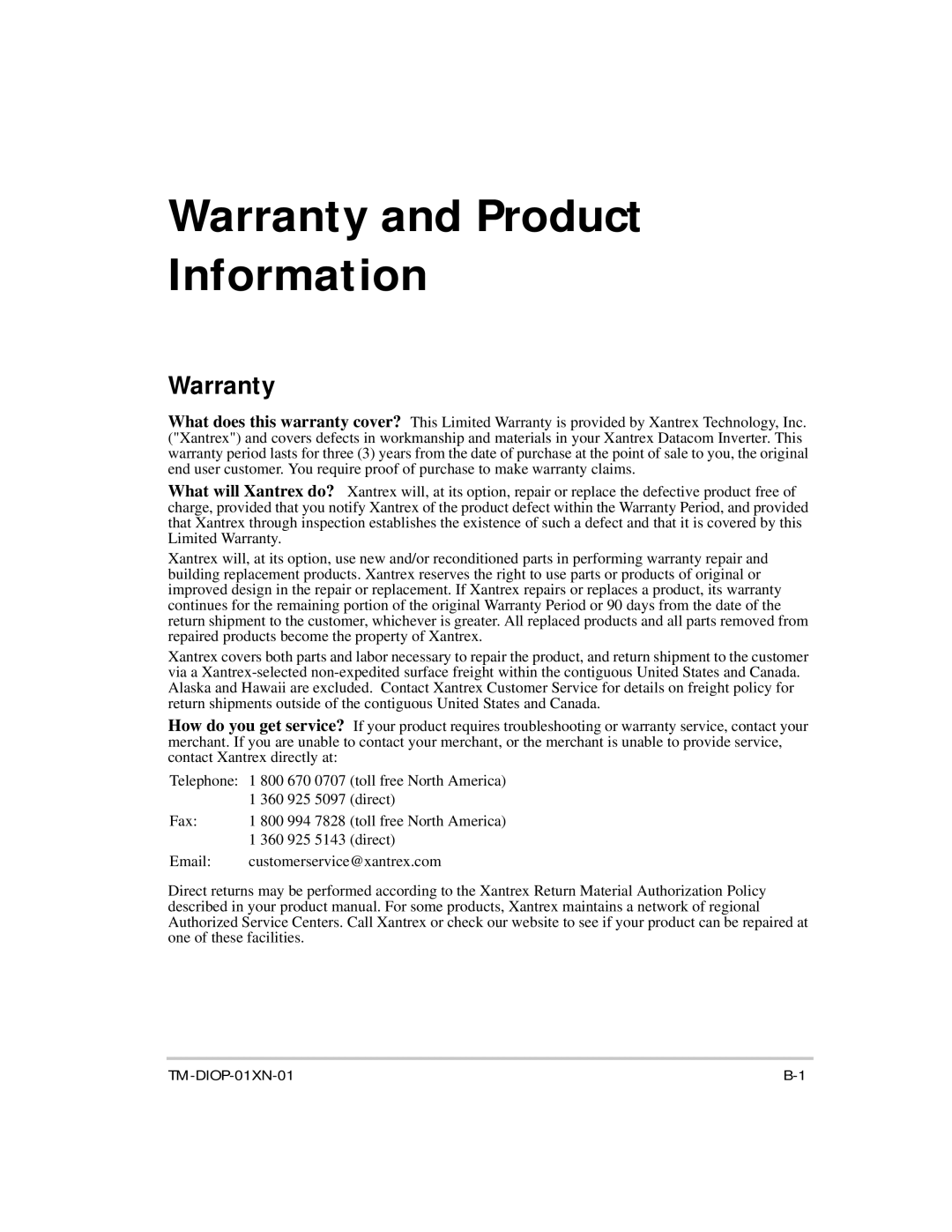 Xantrex Technology XDI2048 manual Warranty and Product Information 