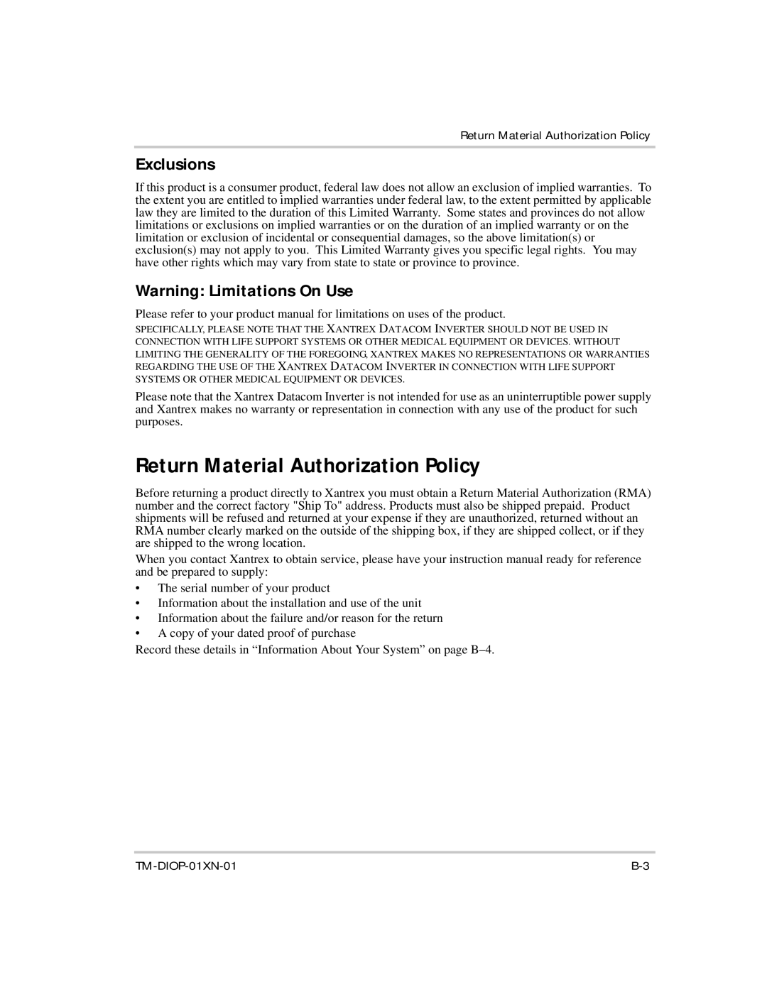 Xantrex Technology XDI2048 manual Return Material Authorization Policy, Exclusions 