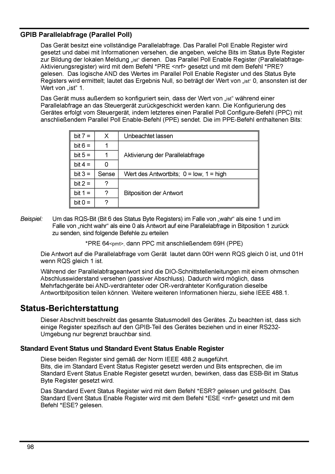 Xantrex Technology XDL 35-5TP manual Status-Berichterstattung, Gpib Parallelabfrage Parallel Poll 