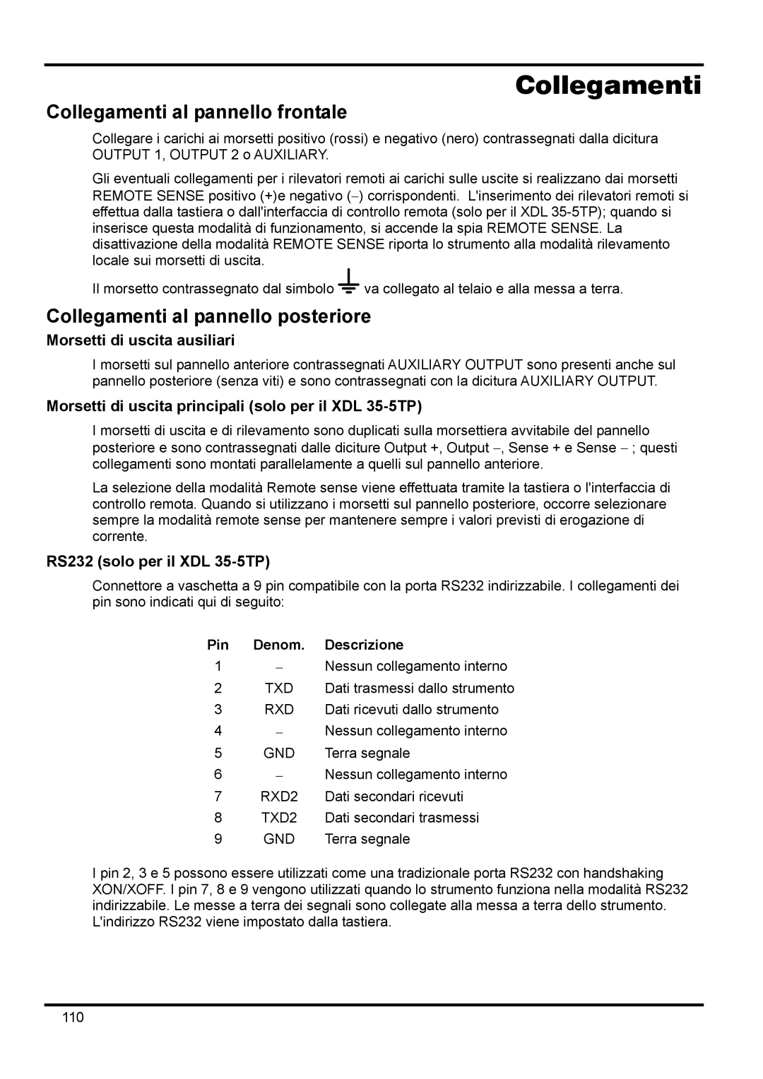 Xantrex Technology XDL 35-5TP manual Collegamenti al pannello frontale, Collegamenti al pannello posteriore 