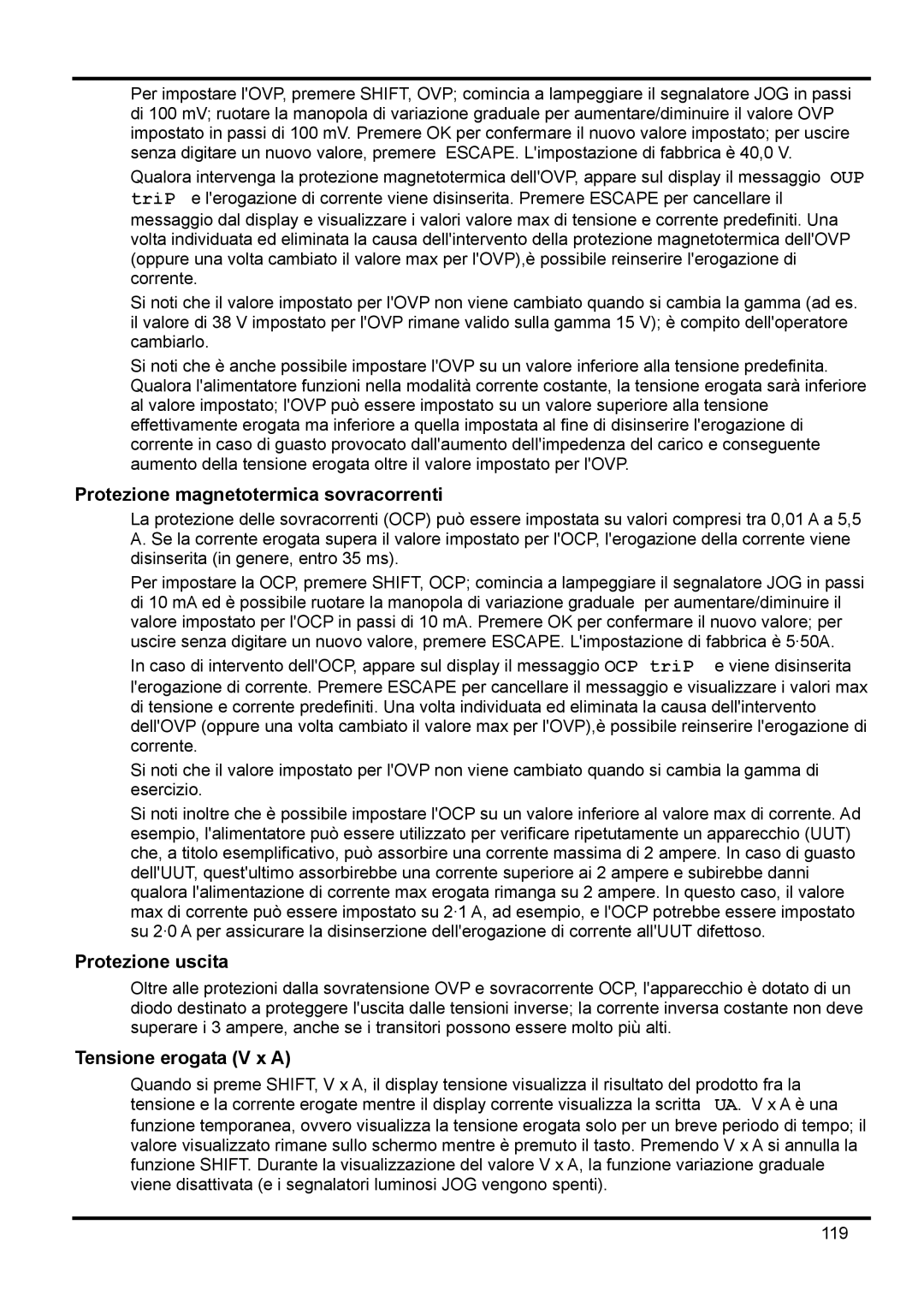 Xantrex Technology XDL 35-5T manual Protezione magnetotermica sovracorrenti, Protezione uscita, Tensione erogata V x a 