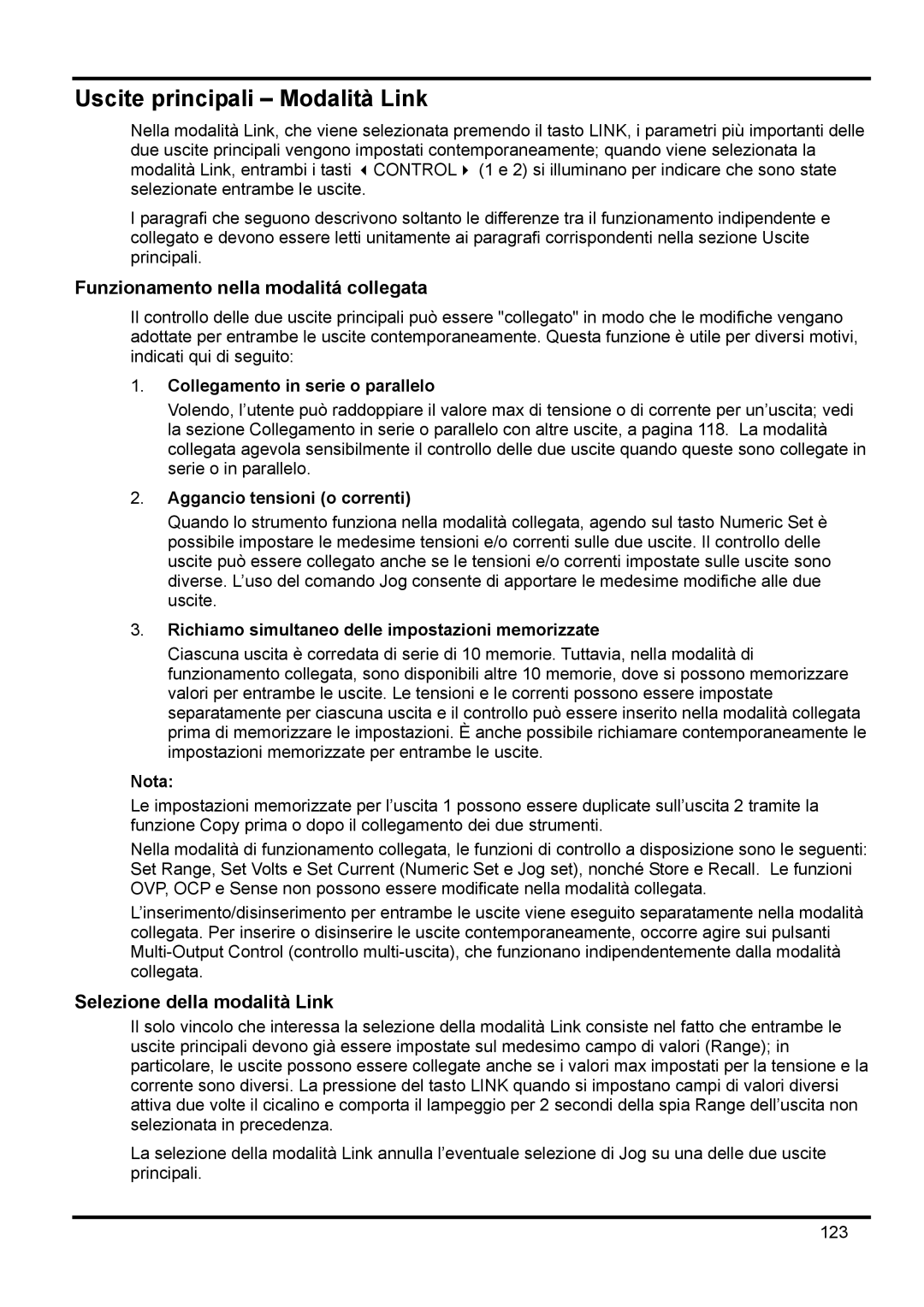 Xantrex Technology XDL 35-5TP manual Uscite principali Modalità Link, Funzionamento nella modalitá collegata 