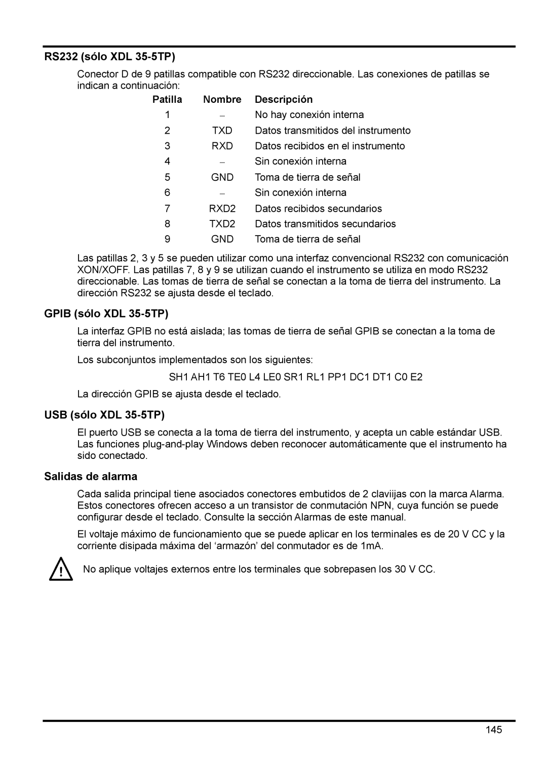 Xantrex Technology manual RS232 sólo XDL 35-5TP, Gpib sólo XDL 35-5TP, USB sólo XDL 35-5TP, Salidas de alarma 