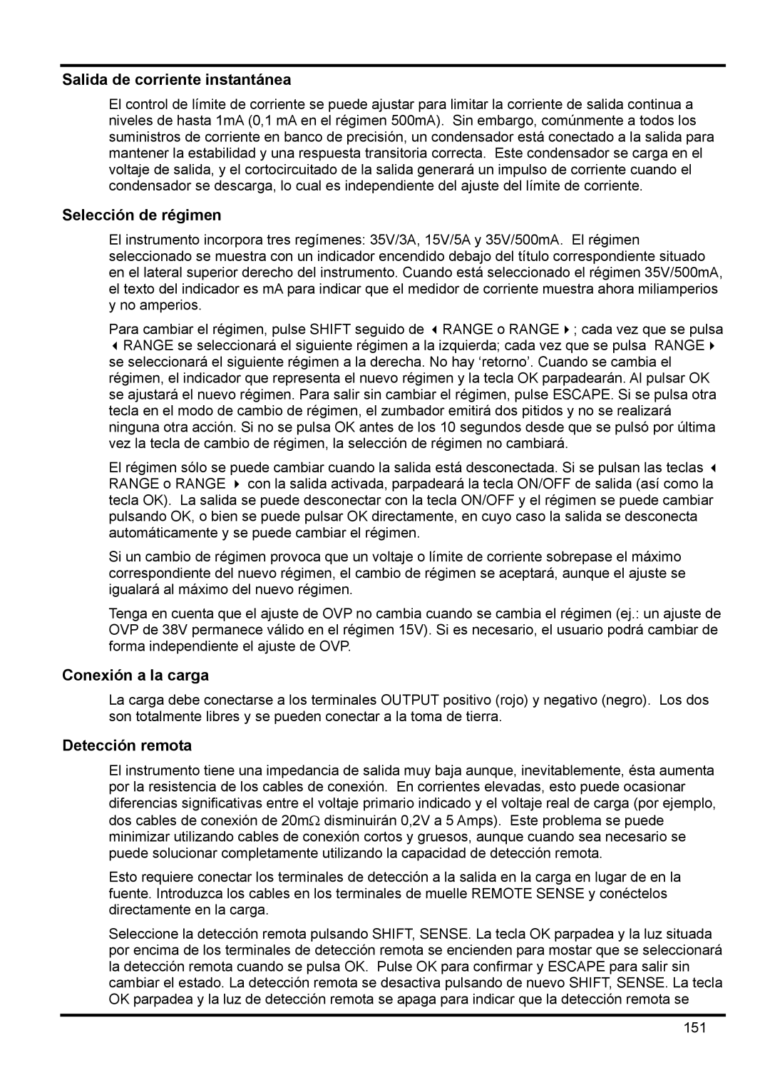 Xantrex Technology XDL 35-5T Salida de corriente instantánea, Selección de régimen, Conexión a la carga, Detección remota 