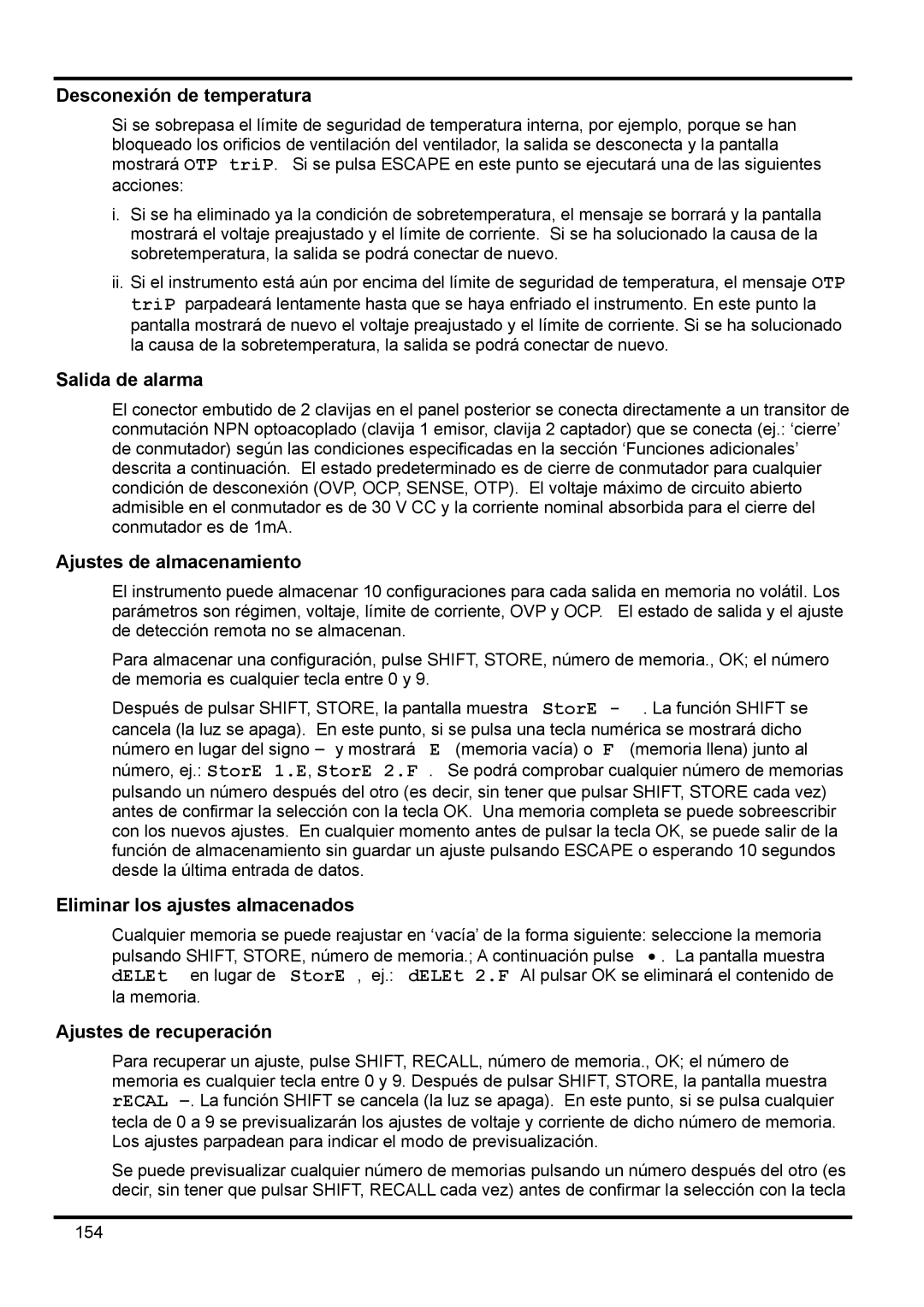 Xantrex Technology XDL 35-5TP manual Desconexión de temperatura, Salida de alarma, Ajustes de almacenamiento 