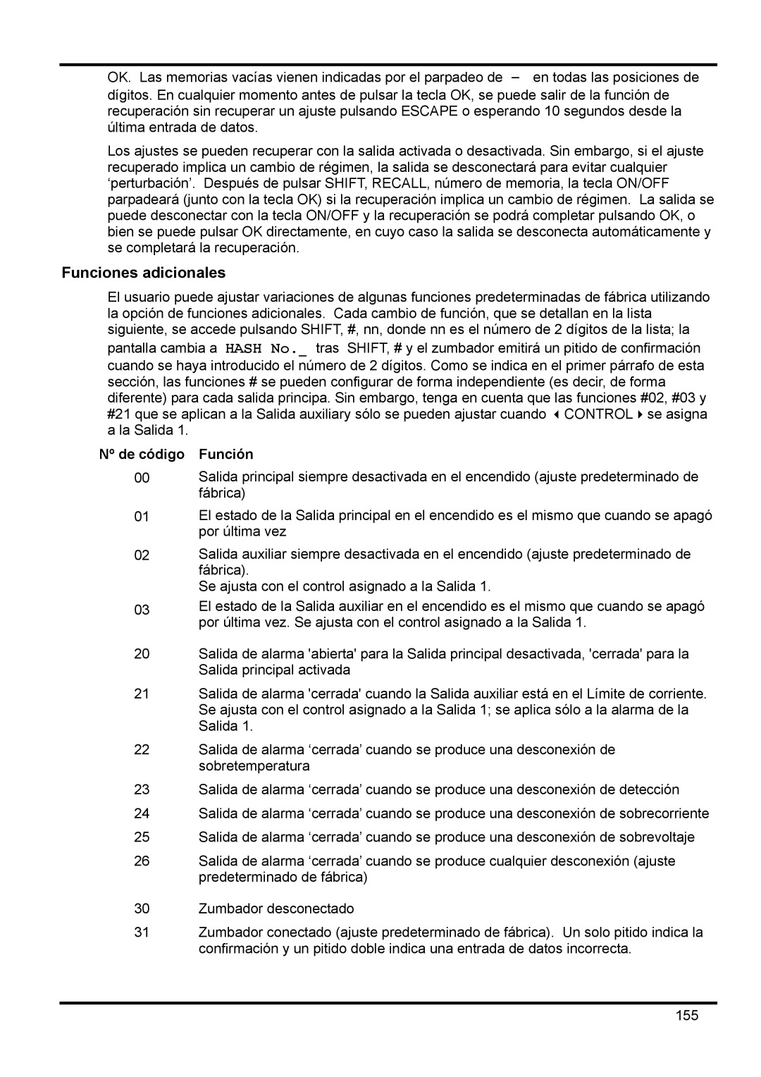 Xantrex Technology XDL 35-5TP manual Funciones adicionales, Nº de código Función 