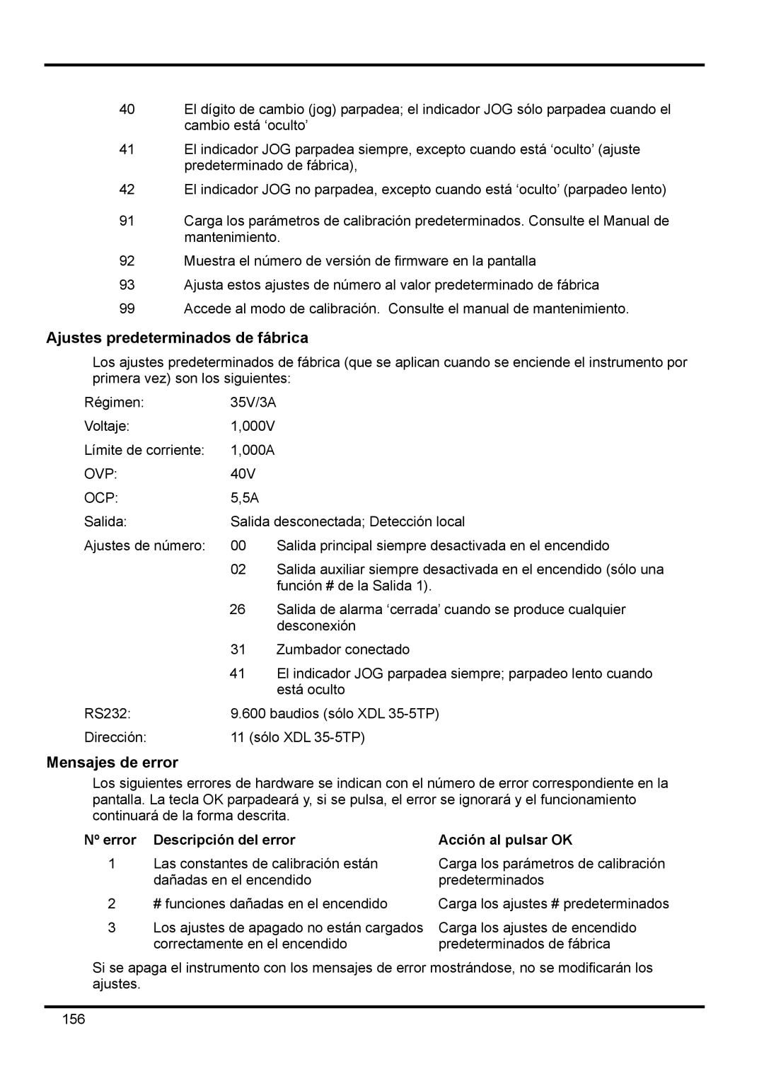 Xantrex Technology XDL 35-5TP manual Ajustes predeterminados de fábrica, Mensajes de error 