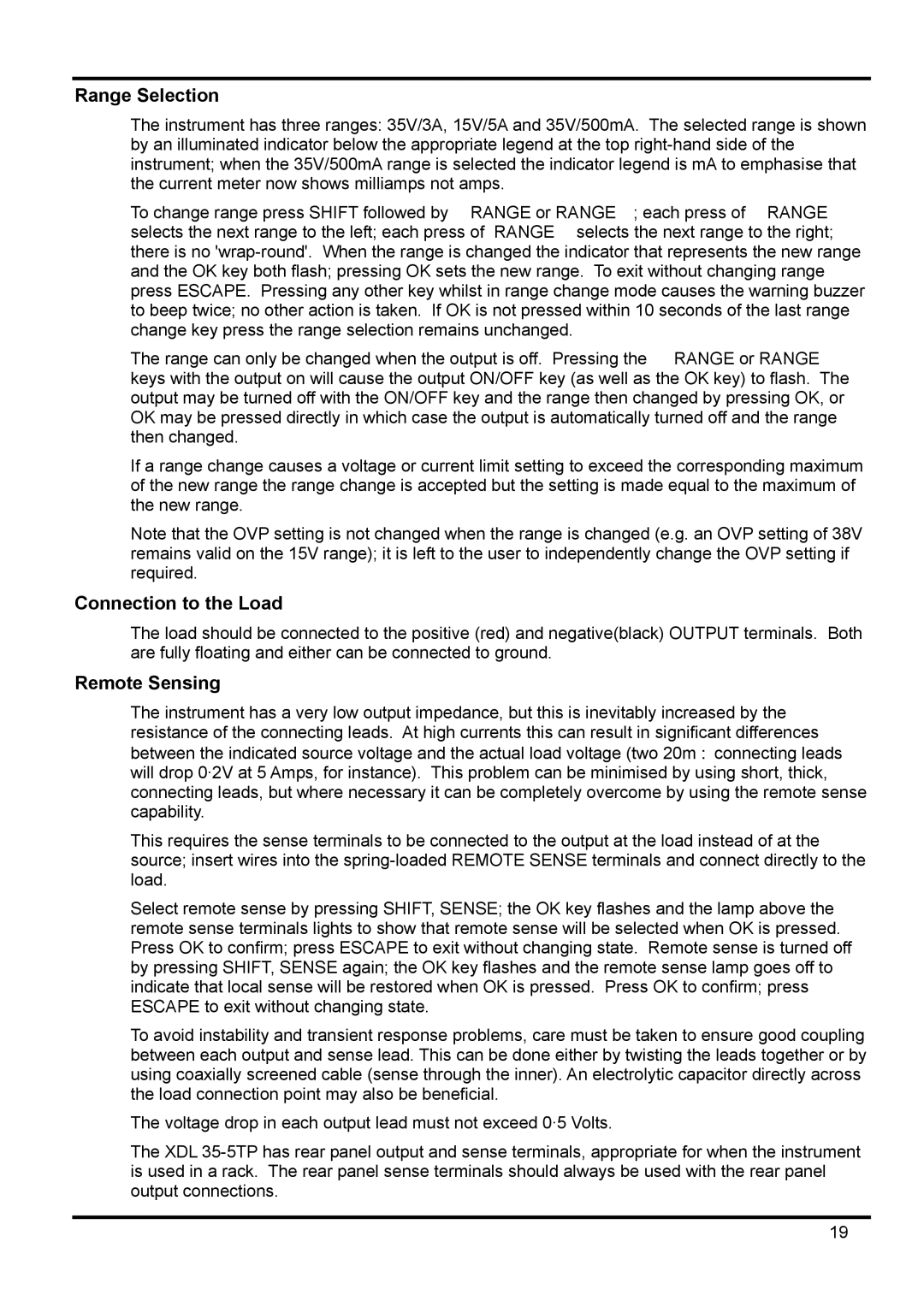 Xantrex Technology XDL 35-5TP manual Range Selection, Connection to the Load, Remote Sensing 